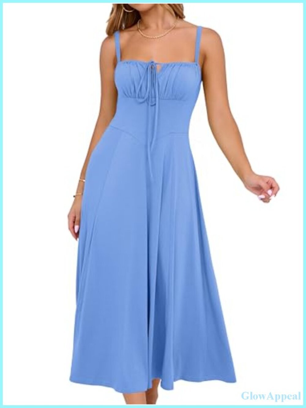 Women's Square Neck Corset Midi Dress Flowy A-Line Spaghetti Straps Boho